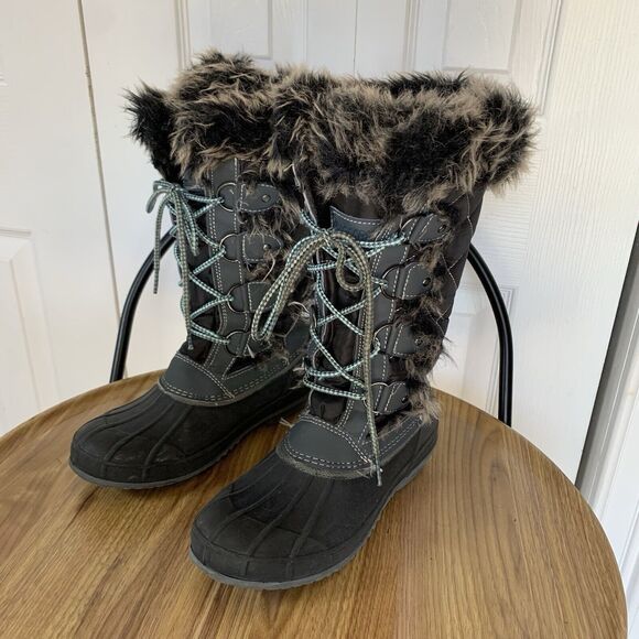 Women Lace Up Black Fur Trim Lined Winter Snow Boots Size 6 M Gray Khombu - Picture 15 of 16